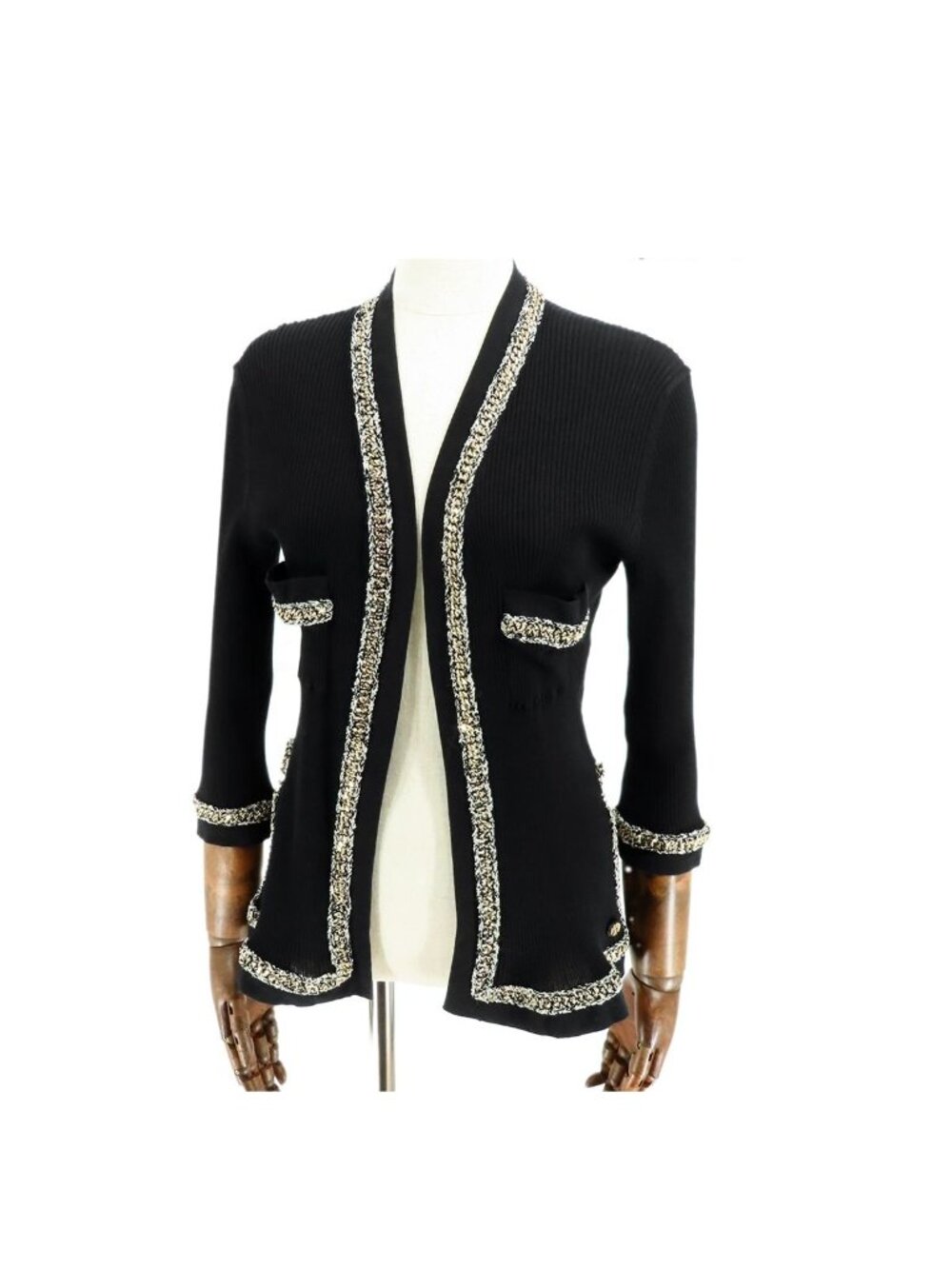 Chanel Tweed Trim Cardigan Black Gold Cotton 7 Min Length Chain Top 38